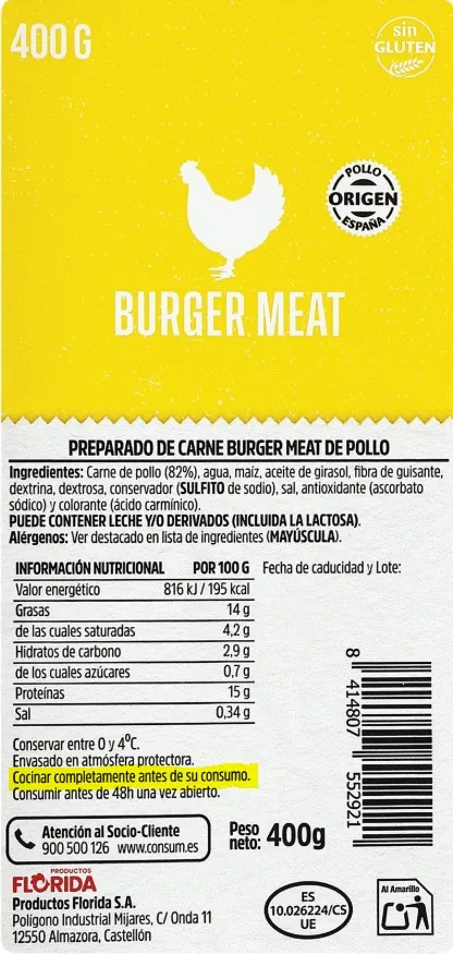 preparado de carne burger meat de pollo Consum. (foto 2)