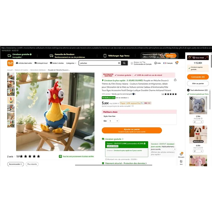 juguete suave Peluche de poulet douce